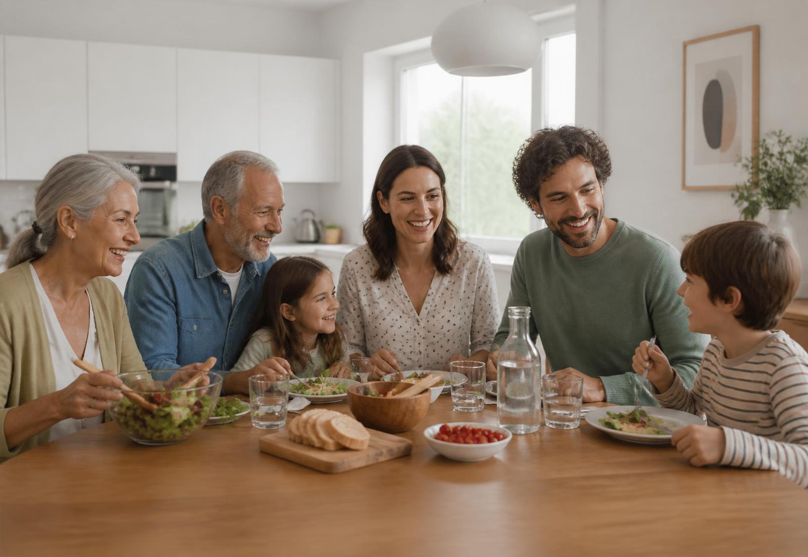 Three generations of a family sharing a meal at a sunlit kitchen table